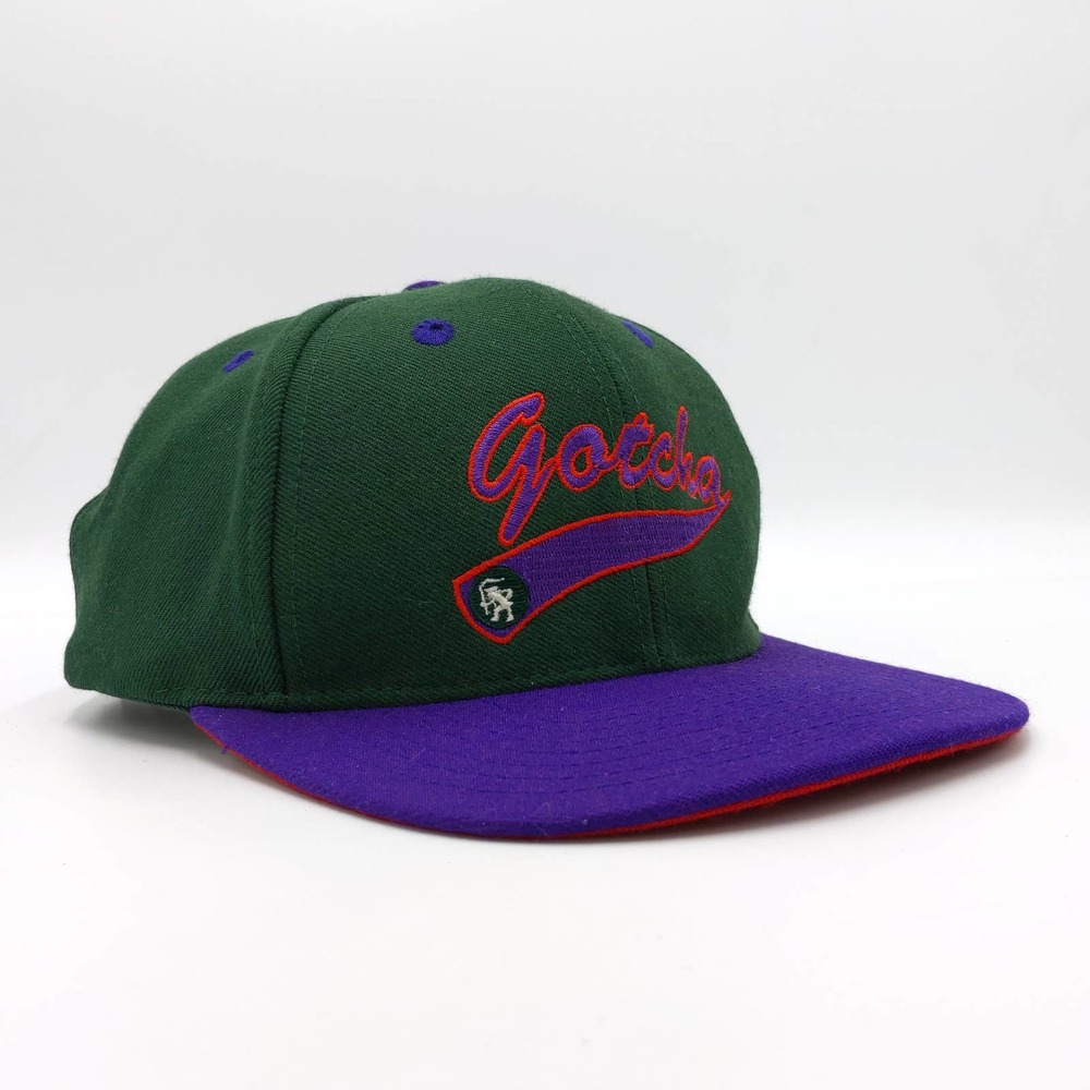 Vintage Gotcha Wool Trucker Skate Hat Snapback Two-Tone Script Logo Green Purple